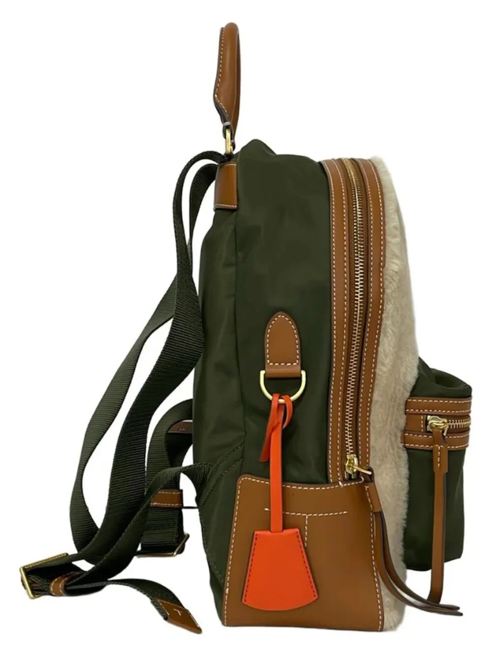 TORY BURCH Cream Brown Khaki Mouton Leather Nylon Backpack